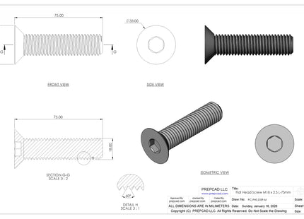 Flat Head Screw M18 × 2.5 mm Thread | STEP, IGES, STL, OBJ , FBX, DWG, DXF