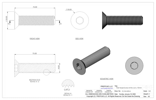 Flat Head Screw M18 × 2.5 mm Thread | STEP, IGES, STL, OBJ , FBX, DWG, DXF