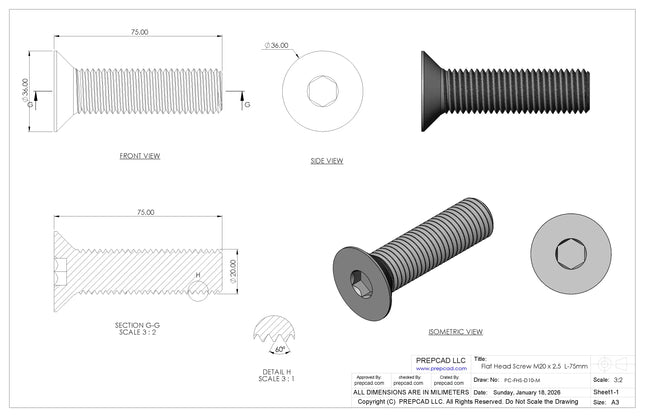 Flat Head Screw M20 × 2.5 mm Thread | STEP, IGES, STL, OBJ , FBX, DWG, DXF