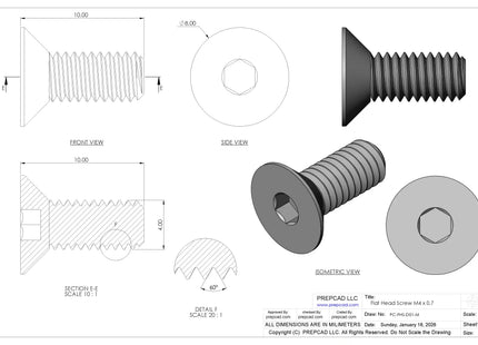 Flat Head Screw M4 × 0.7 mm Thread | STEP, IGES, STL, OBJ , FBX, DWG, DXF