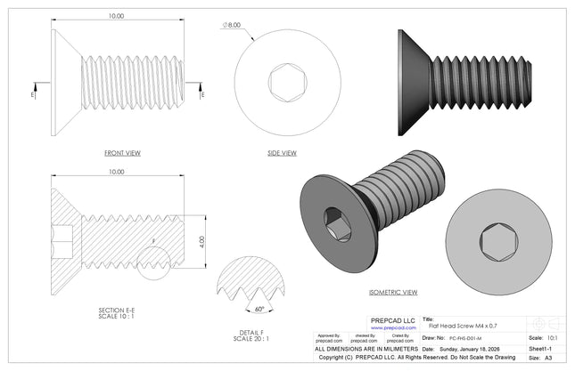 Flat Head Screw M4 × 0.7 mm Thread | STEP, IGES, STL, OBJ , FBX, DWG, DXF