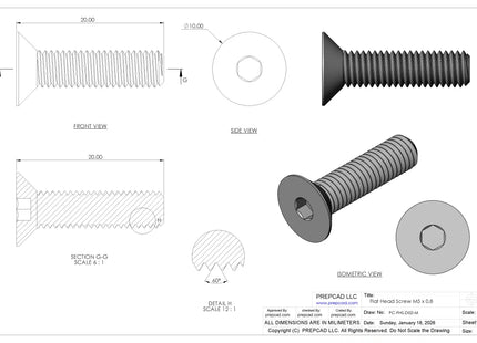 Flat Head Screw M5 × 0.8 mm Thread | STEP, IGES, STL, OBJ , FBX, DWG, DXF