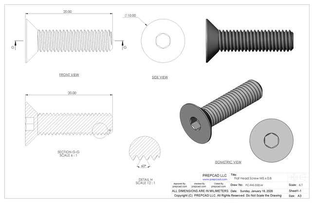 Flat Head Screw M5 × 0.8 mm Thread | STEP, IGES, STL, OBJ , FBX, DWG, DXF