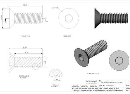 Flat Head Screw M6 × 1 mm Thread | STEP, IGES, STL, OBJ , FBX, DWG, DXF