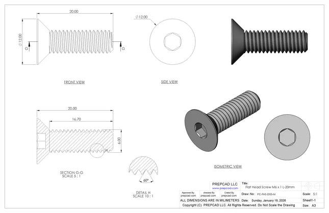 Flat Head Screw M6 × 1 mm Thread | STEP, IGES, STL, OBJ , FBX, DWG, DXF