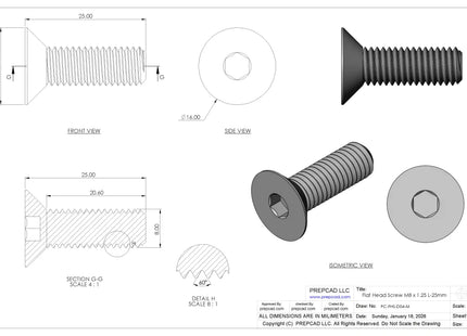 Flat Head Screw M8 × 1.25 mm Thread | STEP, IGES, STL, OBJ , FBX, DWG, DXF