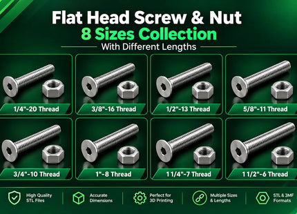Flat Head Screw & Nut 3D Printing Bundle – 8 Sizes, 32 Length Variations | STL & 3MF CAD Models