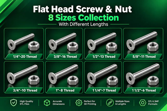 Flat Head Screw & Nut 3D Printing Bundle – 8 Sizes, 32 Length Variations | STL & 3MF CAD Models