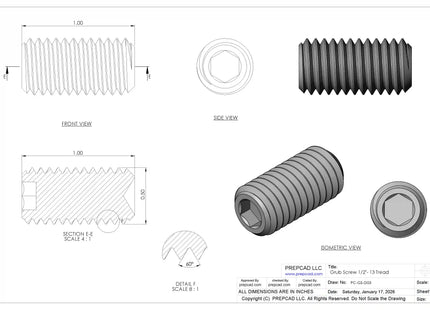 1/2"-13 Set Screw (Grub Screw) | Download 3D CAD Models (STEP, IGES, STL, DWG, DXF)