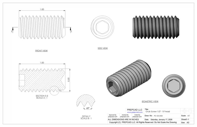 1/2"-13 Set Screw (Grub Screw) | Download 3D CAD Models (STEP, IGES, STL, DWG, DXF)