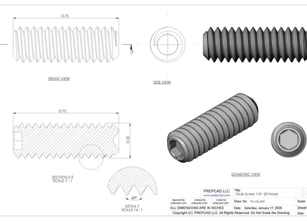 1/4"-20 Set Screw (Grub Screw) | Download 3D CAD Models (STEP, IGES, STL, DWG, DXF)
