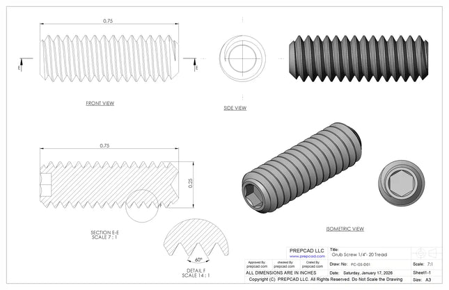 1/4"-20 Set Screw (Grub Screw) | Download 3D CAD Models (STEP, IGES, STL, DWG, DXF)