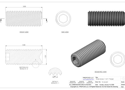 1 1/4"-7 Set Screw (Grub Screw) | Download 3D CAD Models (STEP, IGES, STL, DWG, DXF)