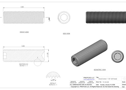 1 1/2"-6 Set Screw (Grub Screw) | Download 3D CAD Models (STEP, IGES, STL, DWG, DXF)