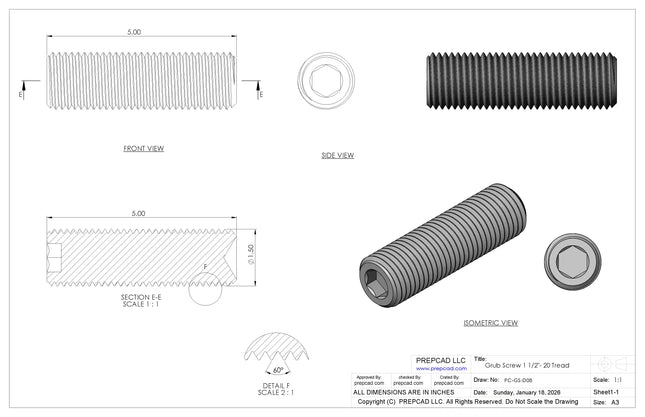 1 1/2"-6 Set Screw (Grub Screw) | Download 3D CAD Models (STEP, IGES, STL, DWG, DXF)