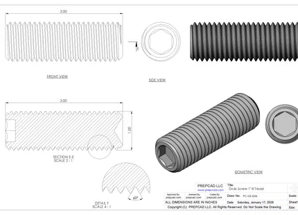 1"-8 Set Screw (Grub Screw) | Download 3D CAD Models (STEP, IGES, STL, DWG, DXF)