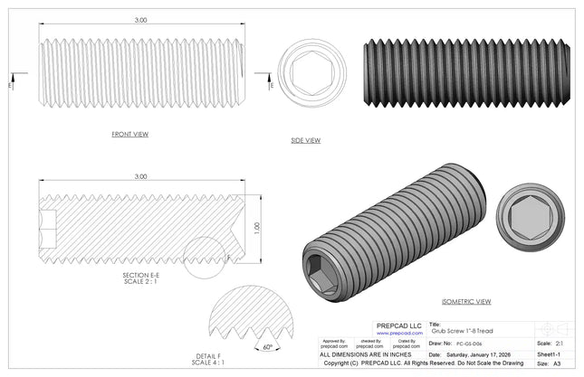 1"-8 Set Screw (Grub Screw) | Download 3D CAD Models (STEP, IGES, STL, DWG, DXF)