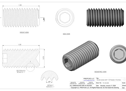 3/4"-10 Set Screw (Grub Screw) | Download 3D CAD Models (STEP, IGES, STL, DWG, DXF)