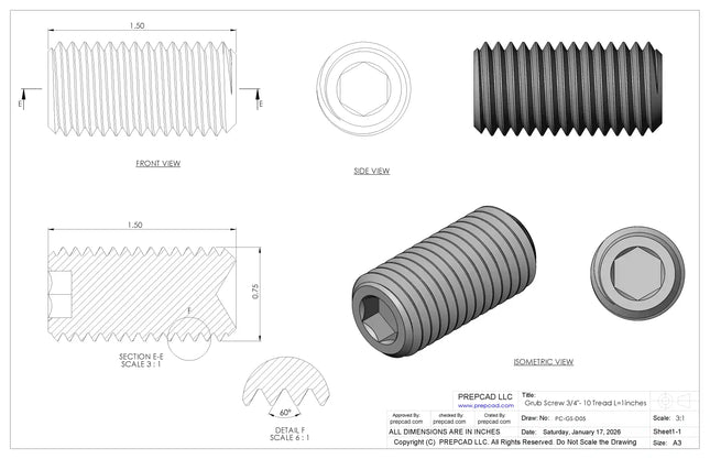 3/4"-10 Set Screw (Grub Screw) | Download 3D CAD Models (STEP, IGES, STL, DWG, DXF)