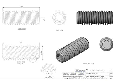 3/8"-16 Set Screw (Grub Screw) | Download 3D CAD Models (STEP, IGES, STL, DWG, DXF)