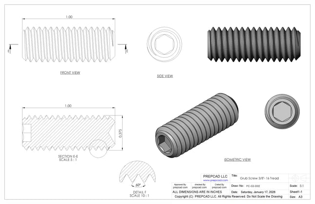 3/8"-16 Set Screw (Grub Screw) | Download 3D CAD Models (STEP, IGES, STL, DWG, DXF)