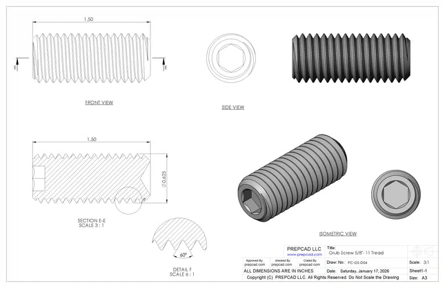 5/8"-11 Set Screw (Grub Screw) | Download 3D CAD Models (STEP, IGES, STL, DWG, DXF)