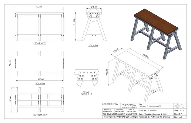 Steel Frame Outdoor Table 2D & 3D Cad Files - ODT-001