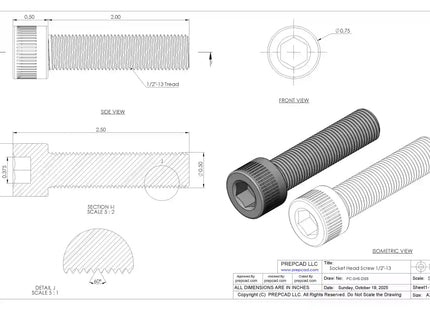 1/2-13 UNC Socket Head Cap Screw CAD Model – 3D STEP, IGES, STL,DWG,DXF Download | ASME B18.3
