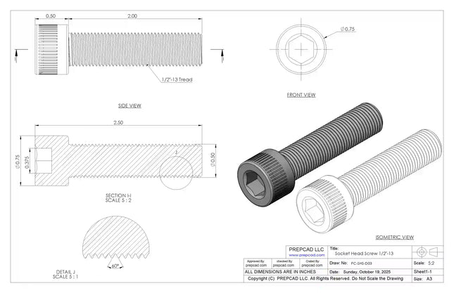 1/2-13 UNC Socket Head Cap Screw CAD Model – 3D STEP, IGES, STL,DWG,DXF Download | ASME B18.3