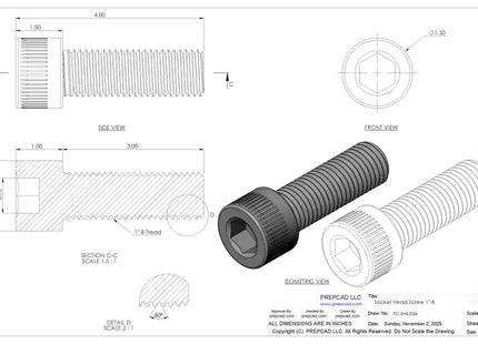 1-8 UNC Socket Head Cap Screw CAD Model – 3D STEP, IGES, STL,DWG,DXF Download | ASME B18.3