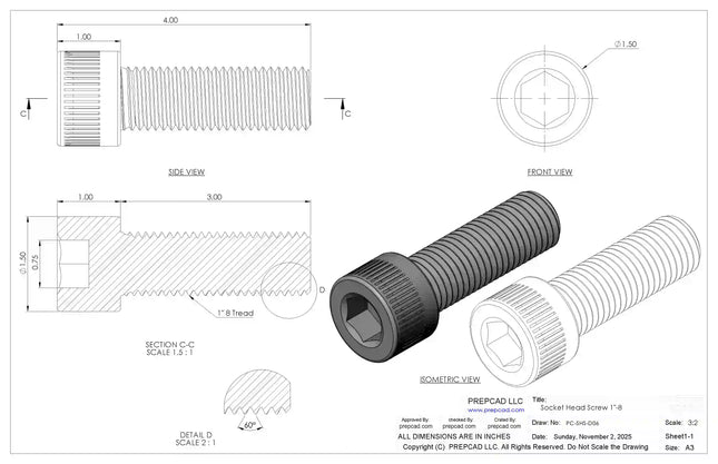 1-8 UNC Socket Head Cap Screw CAD Model – 3D STEP, IGES, STL,DWG,DXF Download | ASME B18.3