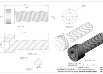 1 1/2-6 UNC Socket Head Cap Screw CAD Model – 3D STEP, IGES, STL,DWG,DXF Download | ASME B18.3