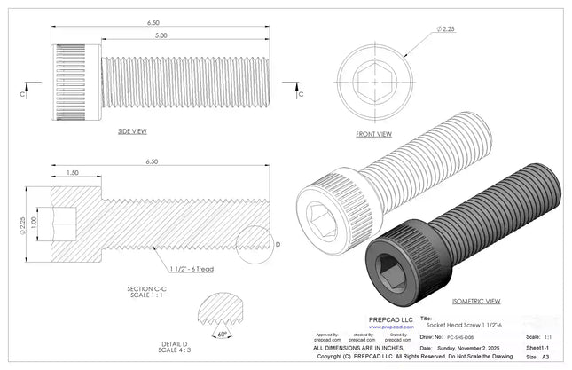 1 1/2-6 UNC Socket Head Cap Screw CAD Model – 3D STEP, IGES, STL,DWG,DXF Download | ASME B18.3