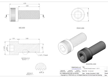 1 1/4-8 UNC Socket Head Cap Screw CAD Model – 3D STEP, IGES, STL,DWG,DXF Download | ASME B18.3