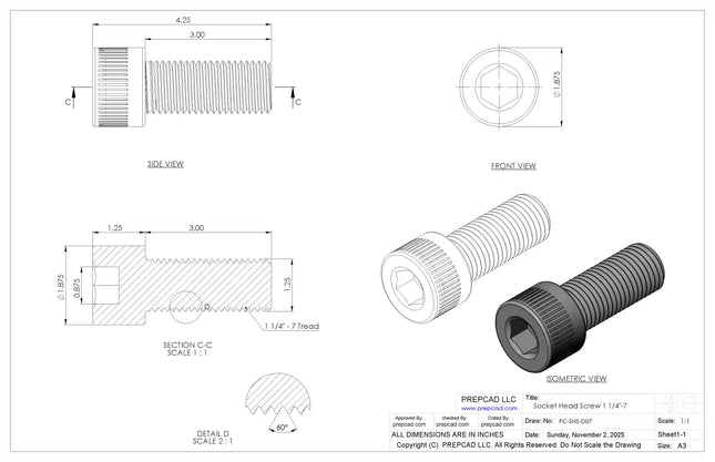 1 1/4-8 UNC Socket Head Cap Screw CAD Model – 3D STEP, IGES, STL,DWG,DXF Download | ASME B18.3