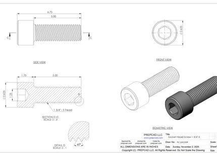 1 3/4-5 UNC Socket Head Cap Screw CAD Model – 3D STEP, IGES, STL,DWG,DXF Download | ASME B18.3