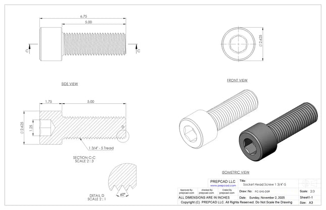1 3/4-5 UNC Socket Head Cap Screw CAD Model – 3D STEP, IGES, STL,DWG,DXF Download | ASME B18.3