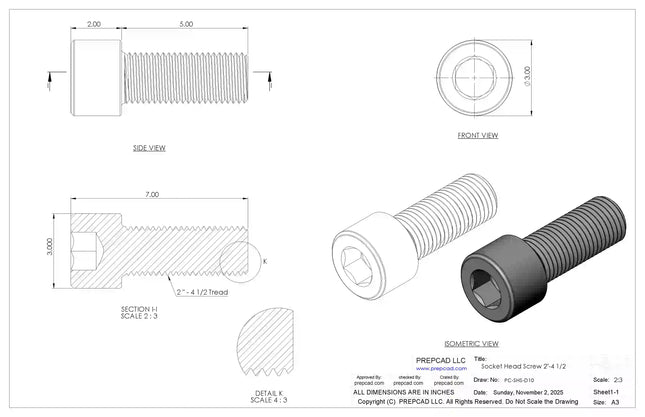 2- 4 1/2 UNC Socket Head Cap Screw CAD Model – 3D STEP, IGES, STL,DWG,DXF Download | ASME B18.3
