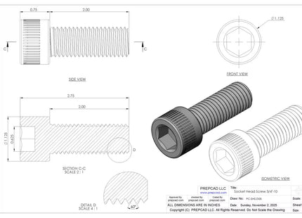 3/4-10 UNC Socket Head Cap Screw CAD Model – 3D STEP, IGES, STL,DWG,DXF Download | ASME B18.3