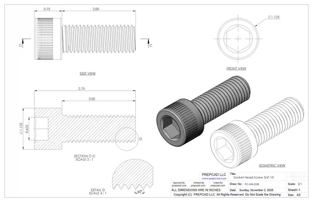 3/4-10 UNC Socket Head Cap Screw CAD Model – 3D STEP, IGES, STL,DWG,DXF Download | ASME B18.3