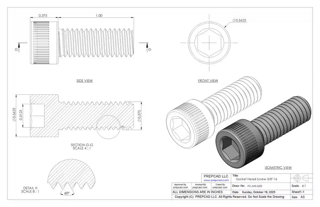 3/8-16 UNC Socket Head Cap Screw CAD Model – 3D STEP, IGES, STL,DWG,DXF Download | ASME B18.3