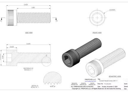5/8-11 UNC Socket Head Cap Screw CAD Model – 3D STEP, IGES, STL,DWG,DXF Download | ASME B18.3