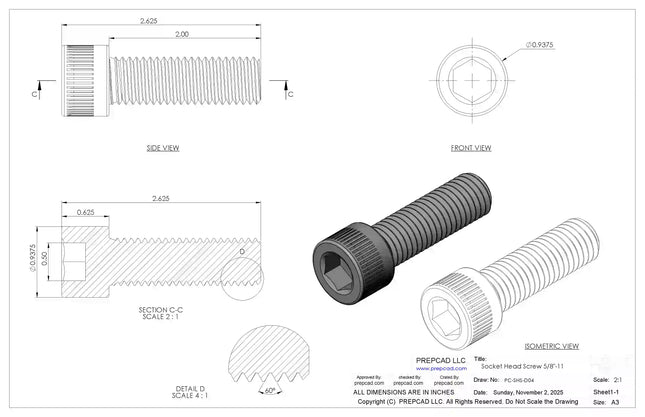 5/8-11 UNC Socket Head Cap Screw CAD Model – 3D STEP, IGES, STL,DWG,DXF Download | ASME B18.3