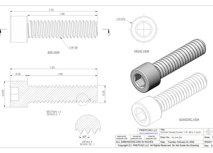 1/4-20 UNC Socket Head Cap Screw CAD Model – 3D STEP, IGES, STL,DWG,DXF Download | ASME B18.3
