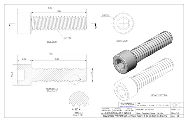 1/4-20 UNC Socket Head Cap Screw CAD Model – 3D STEP, IGES, STL,DWG,DXF Download | ASME B18.3