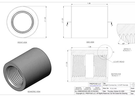 1/2" NPT Female Straight Connector | Download 3D Files (STEP, STL, IGES, DWG)