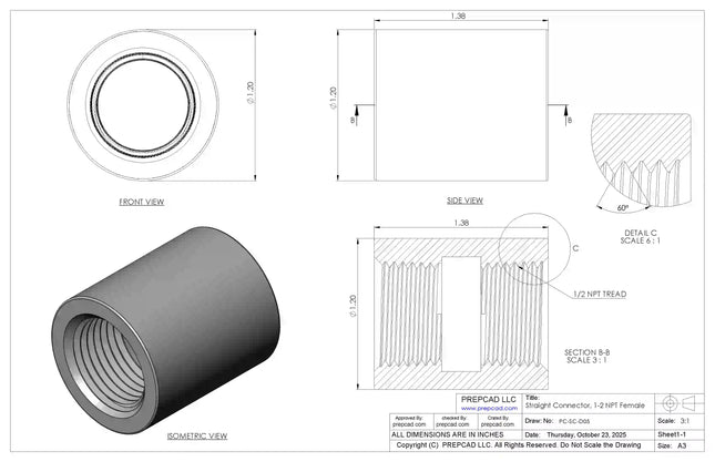 1/2" NPT Female Straight Connector | Download 3D Files (STEP, STL, IGES, DWG)