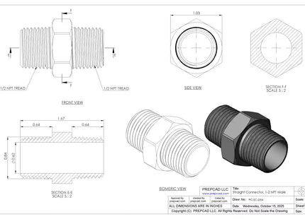 1/2" NPT Male Straight Connector –3D CAD Model (STEP, STL, IGES, DWG, DXF)