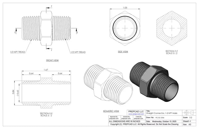 1/2" NPT Male Straight Connector –3D CAD Model (STEP, STL, IGES, DWG, DXF)