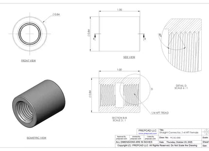 1/4" NPT Female Straight Connector | Download 3D Files (STEP, STL, IGES, DWG)